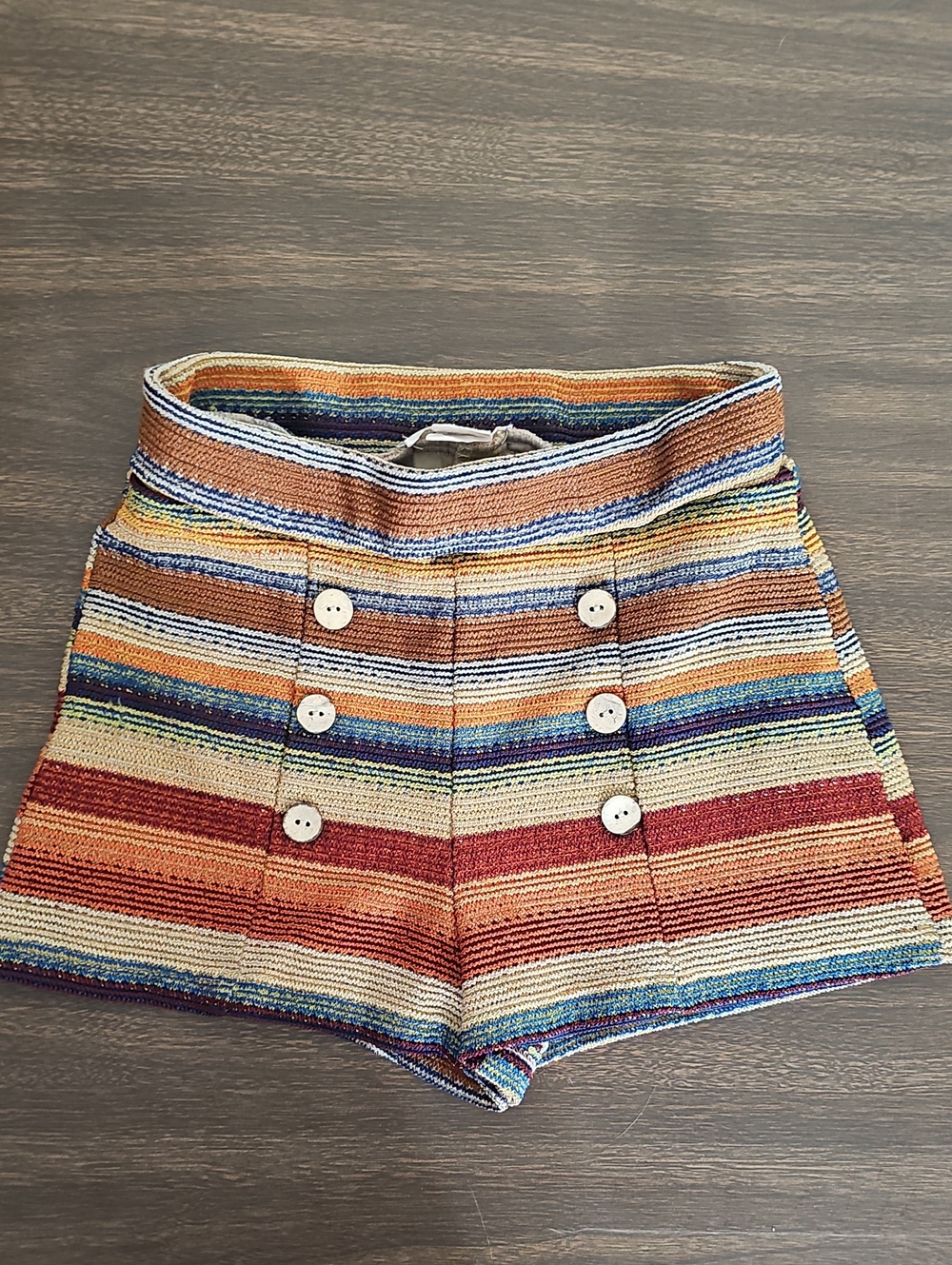 a'gaci Striped High-Waist Button-Front Shorts in Red, Tan & Blue